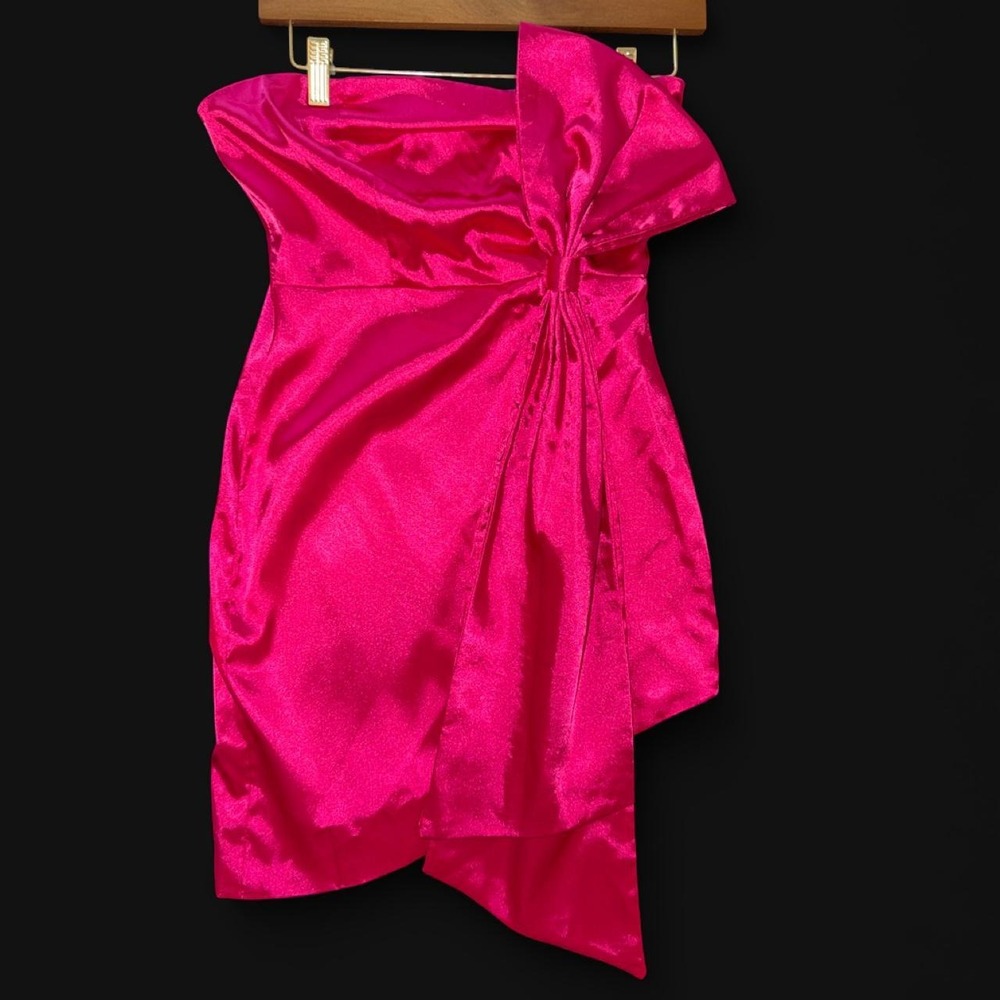 Angel Fashions Hot Pink Satin Strapless Bow Mini Dress Women's Small NWT